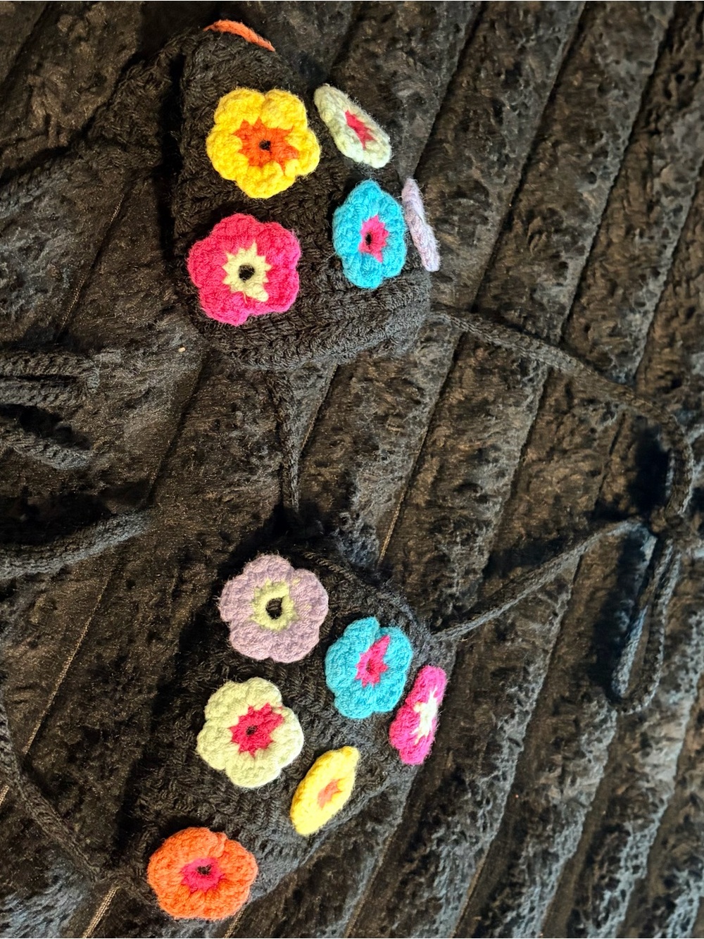 wild fable Black Crochet Bikini Top with Multicolor Flower Appliqués